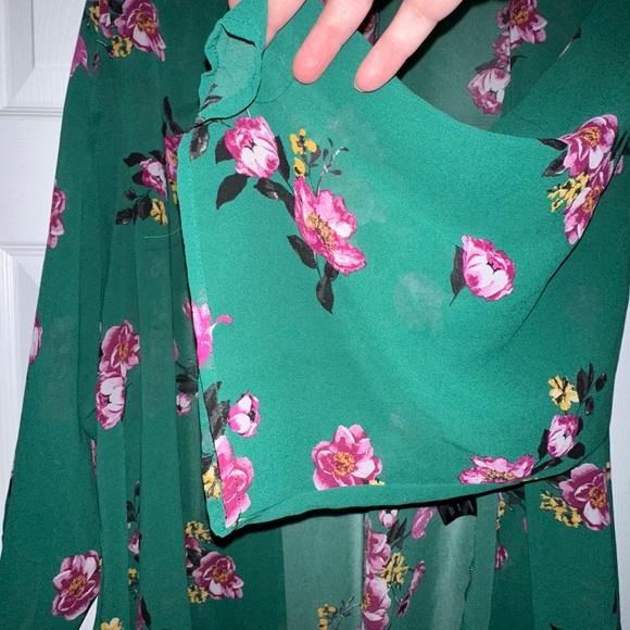 Torrid Size 1/2 Green Floral Duster – Dark Pink Flowers, Flowy & Open, 3/4 Sleev - Picture 5 of 7
